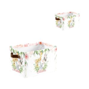 Safari Jungle Animal Floral Personalized Storage Bins Basket Cubic Organizer with Durable Handle for Shelves Wardrobe Nursery Toy 2 Pack