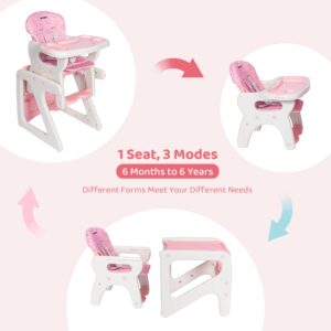 3-in-1 Baby High Chair with Adjustable Seat Back Detachable Seat Cushion and Double Removable Tray for Baby Toddlers 6 Months to 6 Years, Pink