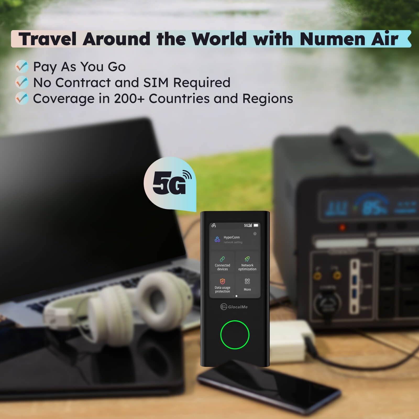 GlocalMe Numen Air 5G Portable WiFi Hotspot for Travel, Ultra High Speed Mobile Hotspot Device with Touch Screen, No Contract or SIM Card Required, 16 Connected Devices, Global 1GB Data