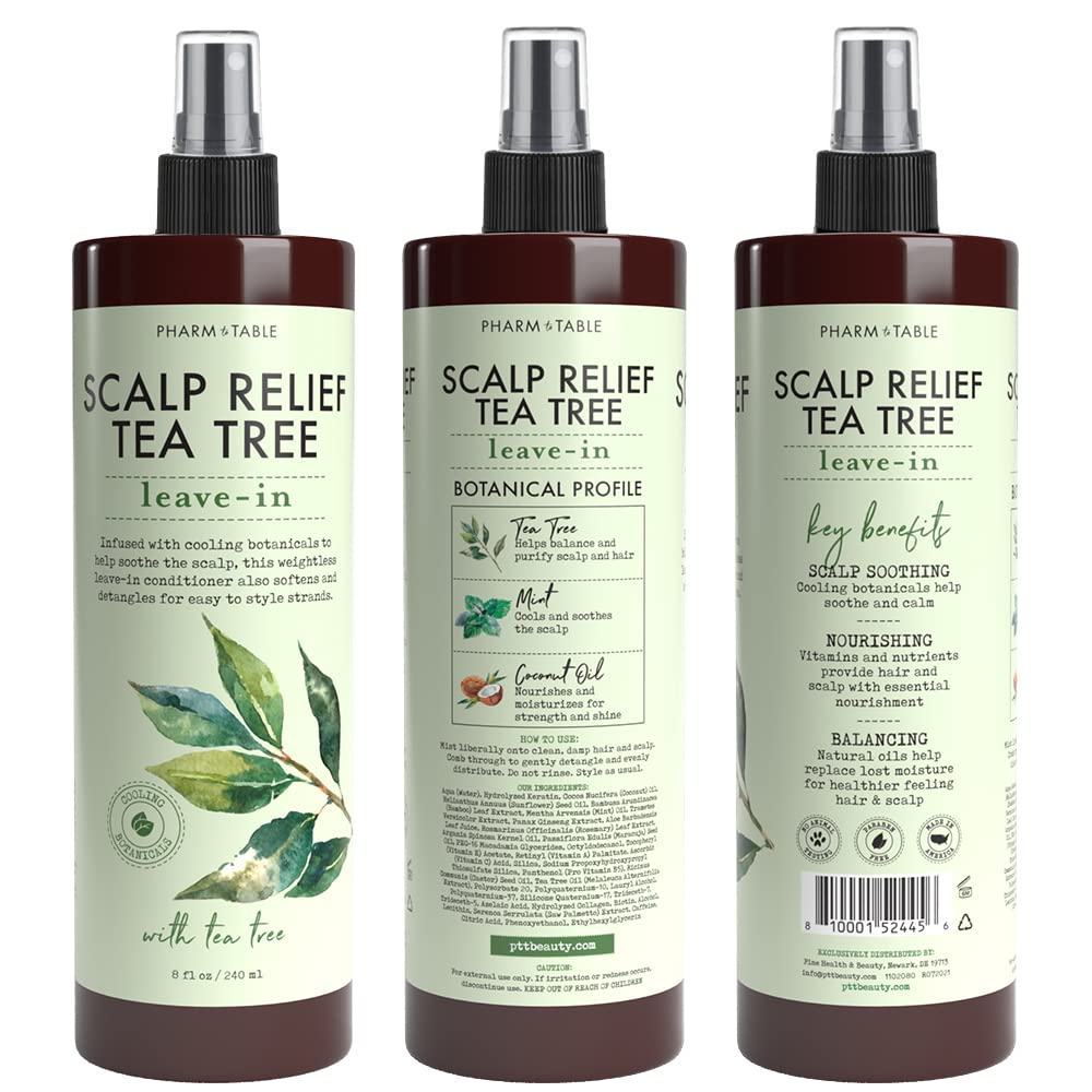 PHARM TO TABLE Scalp Relief Tea Tree Leave-In Conditioner, Relieve Itchy, Dry Scalp, Detangles Hair, 240ml/8 fl oz, 3-Pack