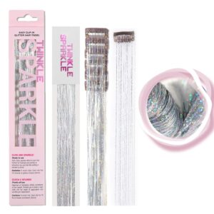 6Pcs Clip in Hair Tinsel Kit, 19.6 Inch Heat Resistant Glitter Tinsel Hair Extension with Clips on, Fairy Hair Sparkle Strands Festival Gift Party Dazzle Hair Accessories for Women Girls Kids (SILVER)