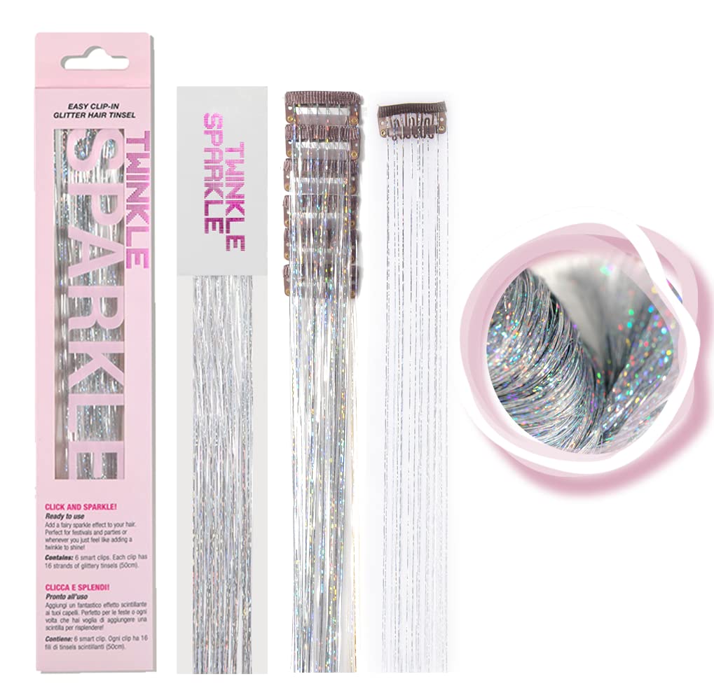 6Pcs Clip in Hair Tinsel Kit, 19.6 Inch Heat Resistant Glitter Tinsel Hair Extension with Clips on, Fairy Hair Sparkle Strands Festival Gift Party Dazzle Hair Accessories for Women Girls Kids (SILVER)