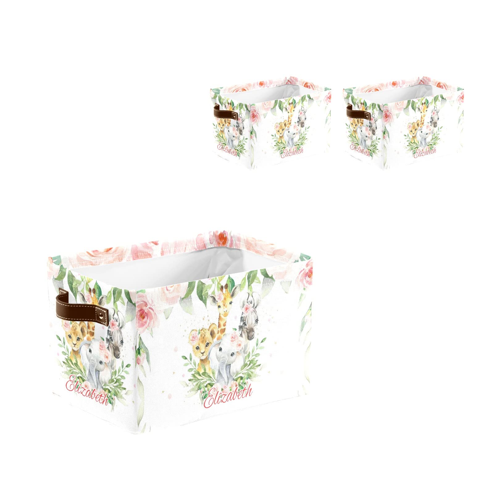 Safari Jungle Animal Floral Personalized Storage Bins Basket Cubic Organizer with Durable Handle for Shelves Wardrobe Nursery Toy 2 Pack