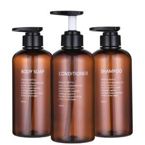 basedfloor shampoo and conditioner dispenser -3pcs 16.9oz/500ml amber plastic empty refillable pump lotion bottle containers set for bathroom shower body wash