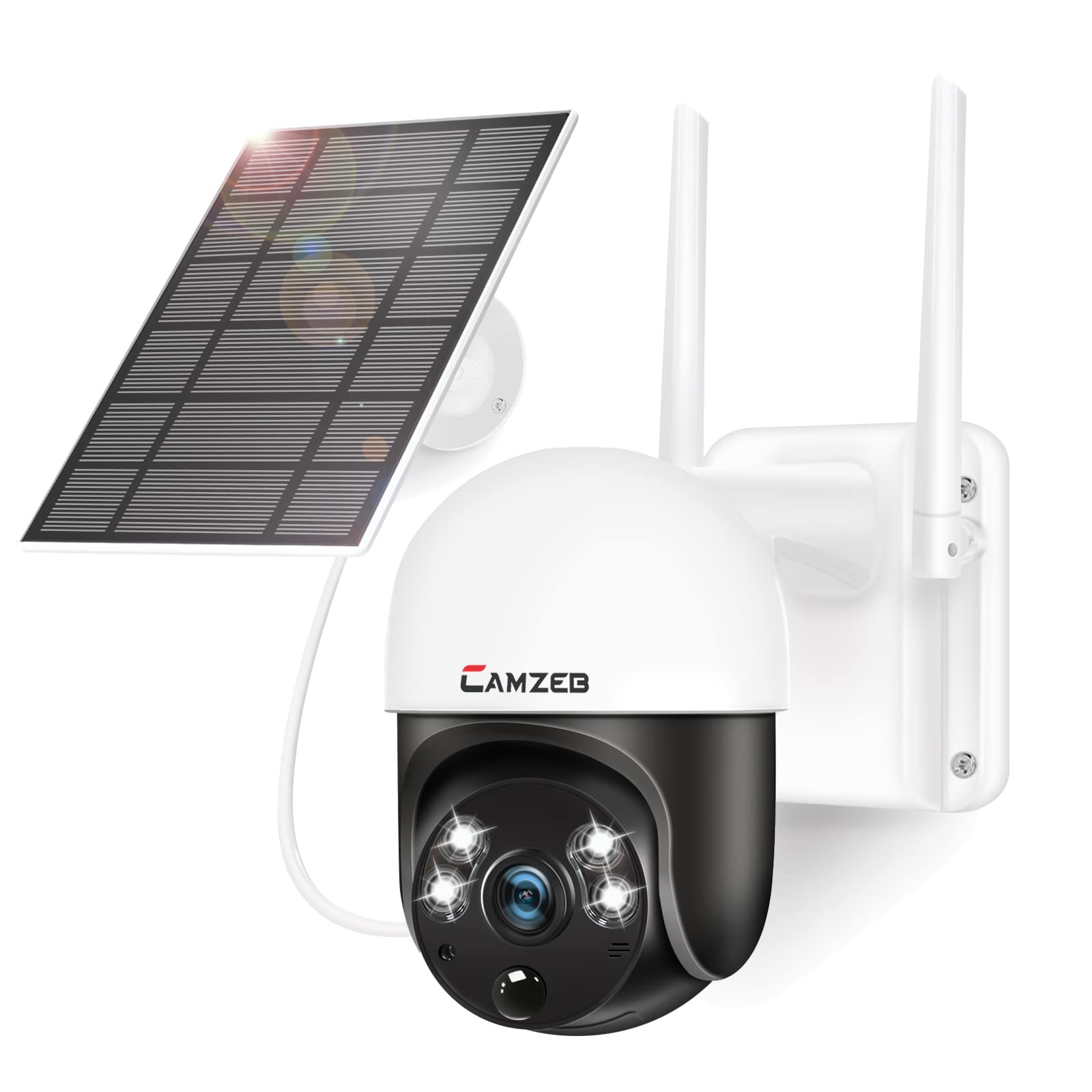 Camzeb Solar Security Camera Wireless Outdoor - 2K Solar Camera for Home Security 350° PTZ 1080P 2.4G WiFi Security Camera - PIR Motion Detection Full Color Night Vision 2-Way Audio Cloud/SD IP66