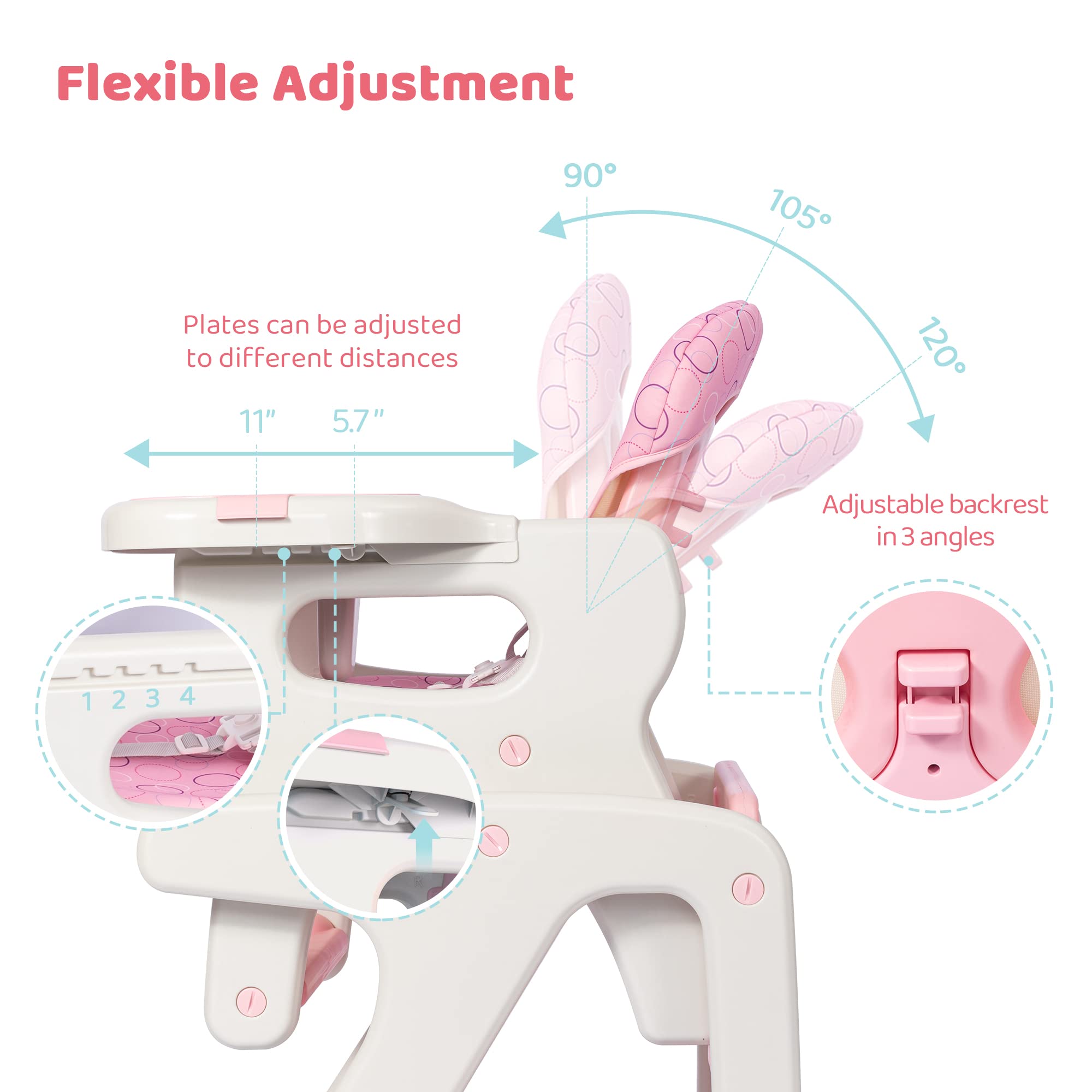 3-in-1 Baby High Chair with Adjustable Seat Back Detachable Seat Cushion and Double Removable Tray for Baby Toddlers 6 Months to 6 Years, Pink