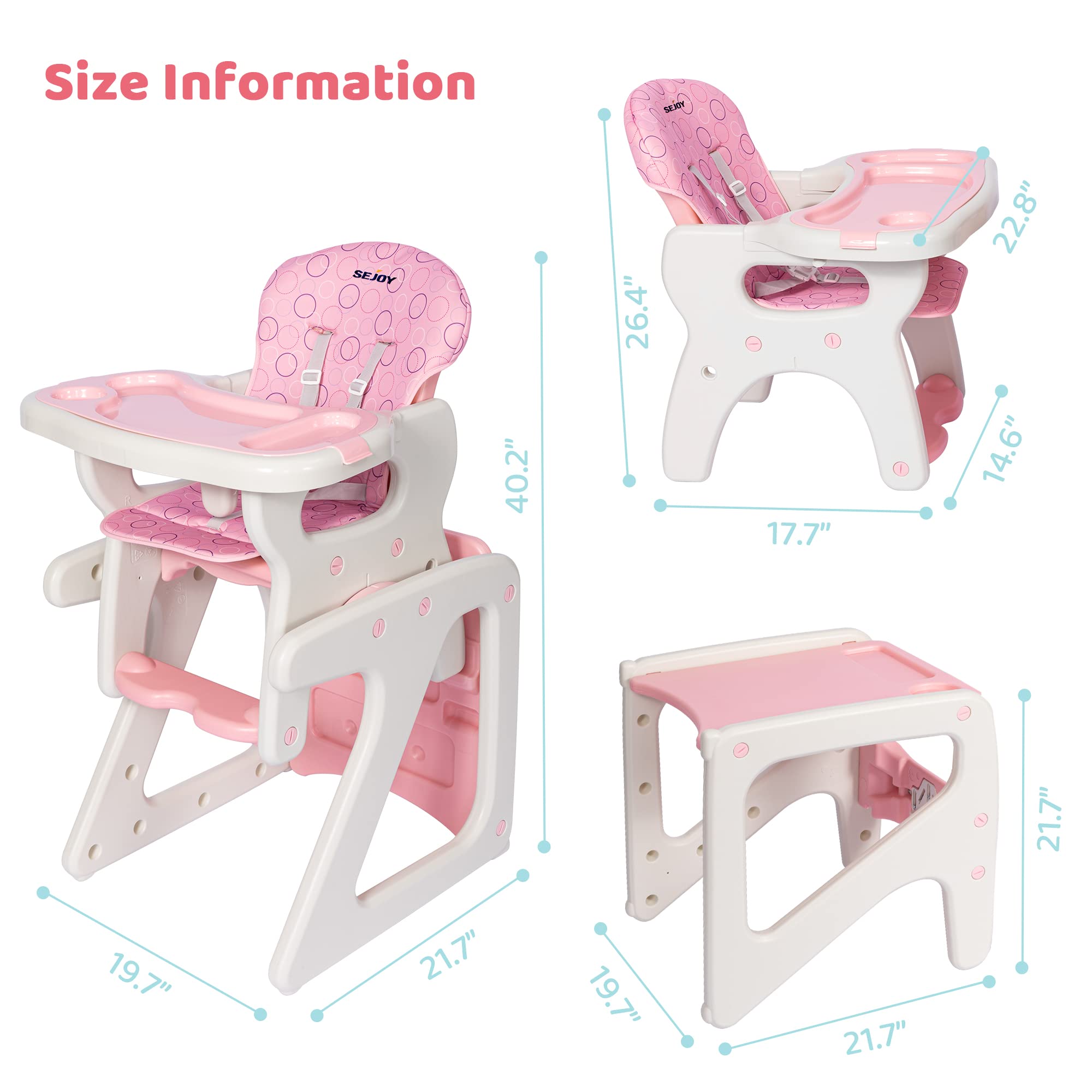 3-in-1 Baby High Chair with Adjustable Seat Back Detachable Seat Cushion and Double Removable Tray for Baby Toddlers 6 Months to 6 Years, Pink