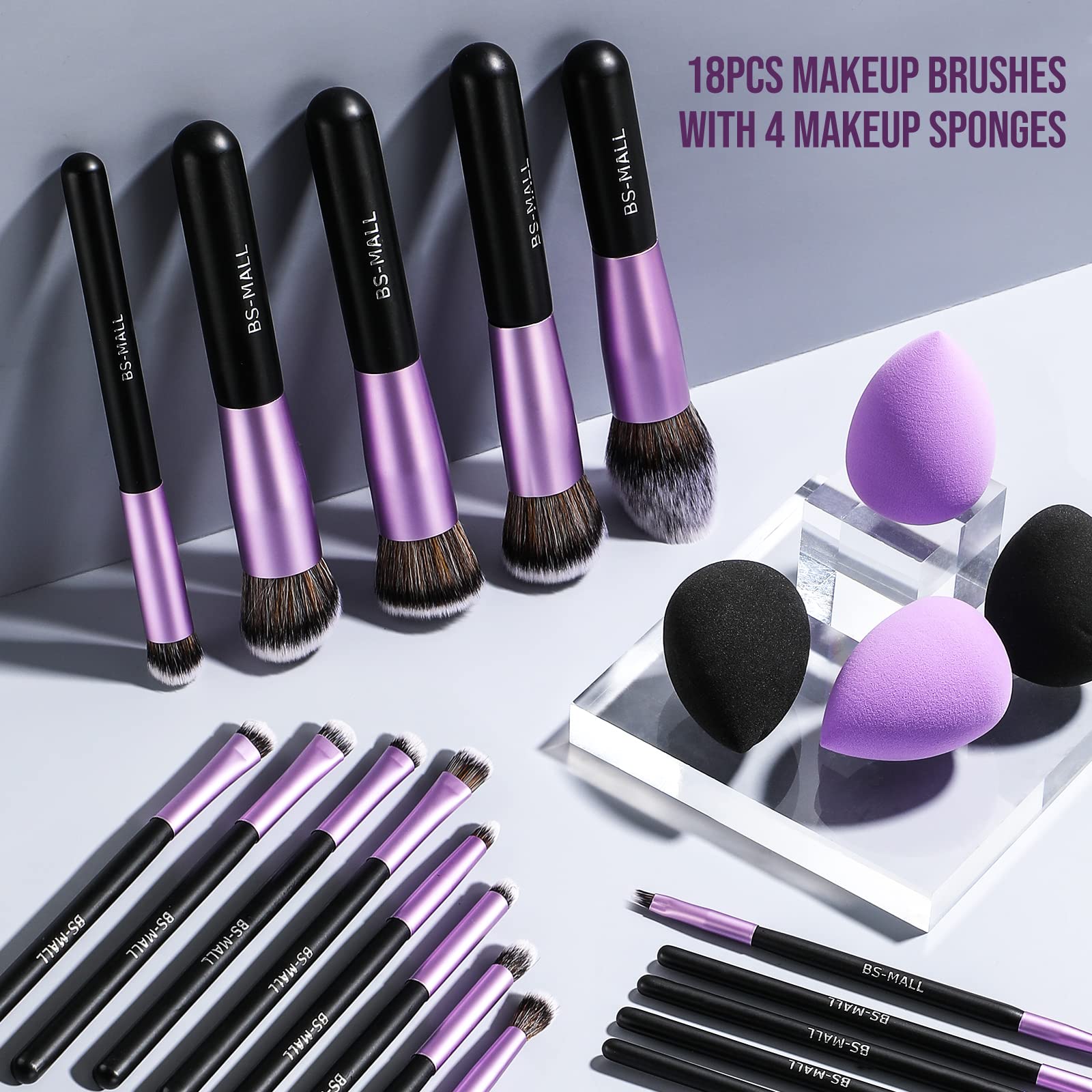 BS-MALL Makeup Brushes Premium Synthetic Foundation Powder Concealers Eye Shadows Makeup 18 Pcs Brush Set with 4 Pcs Makeup sponge Set