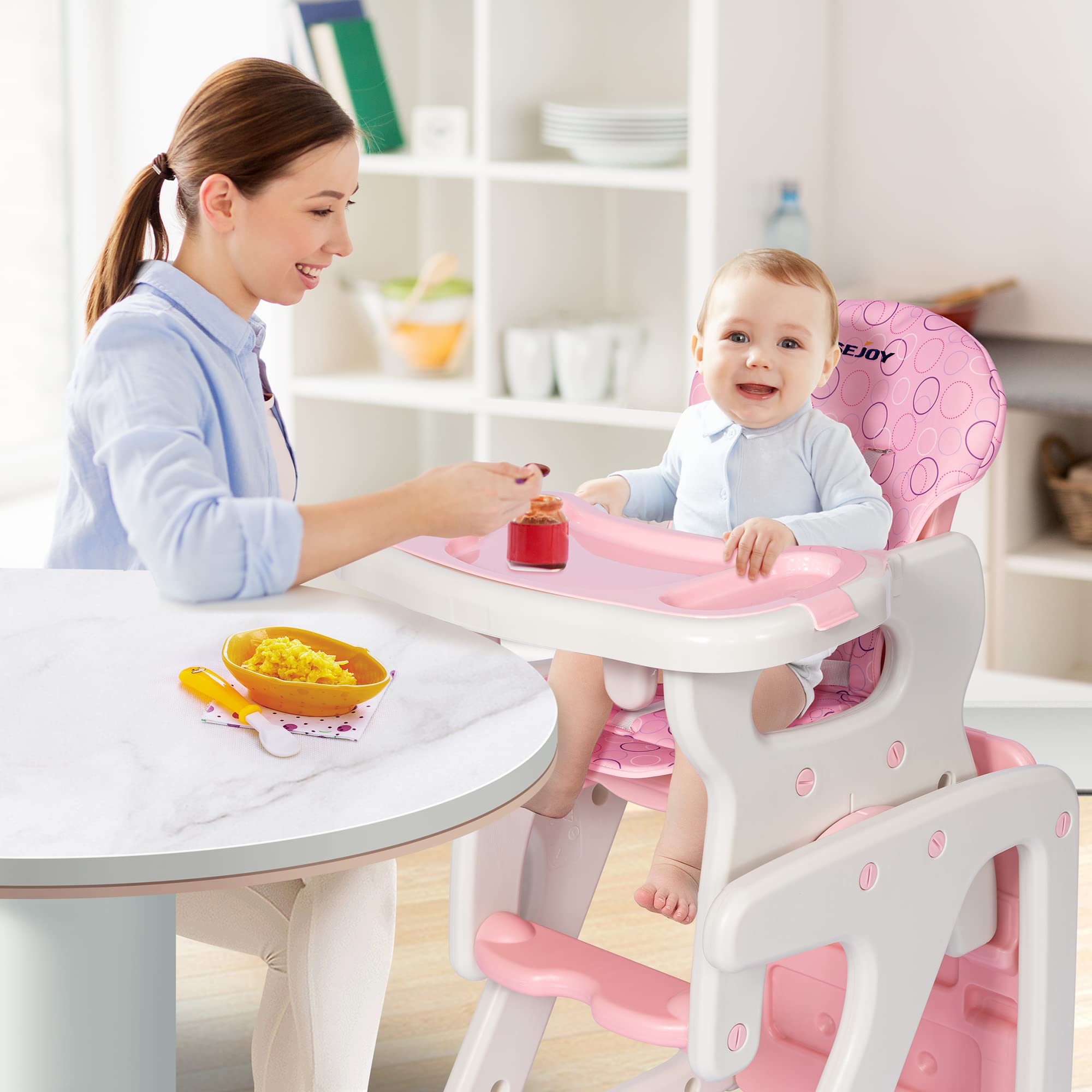 3-in-1 Baby High Chair with Adjustable Seat Back Detachable Seat Cushion and Double Removable Tray for Baby Toddlers 6 Months to 6 Years, Pink