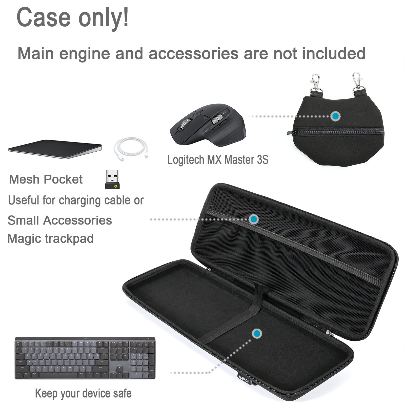 RAIACE Hard Storage Case Compatible with Logitech MX Mechanical Wireless Illuminated Performance Keyboard. (Case Only) - Black