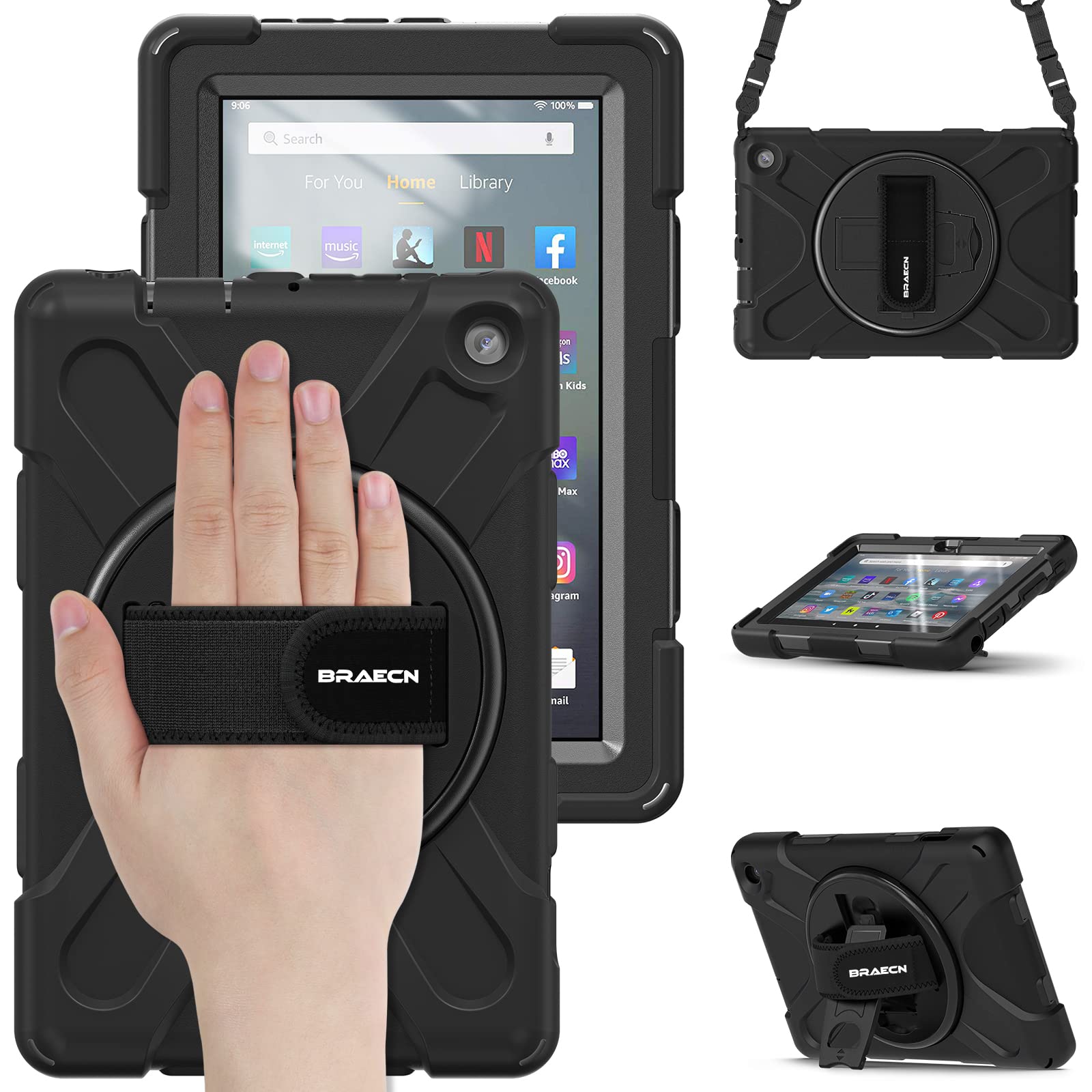 BRAECN Kindle Fire 7 Tablet Case 2022 12th Generation,Heavy Duty Shockproof Protective Case with Rotating Hand Strap,Carrying Shoulder Strap/Kickstand for Amazon Fire 7 2022 Tablet - Black