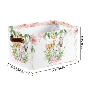 Safari Jungle Animal Floral Personalized Storage Bins Basket Cubic Organizer with Durable Handle for Shelves Wardrobe Nursery Toy 2 Pack