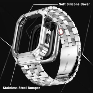 SUPLINK Stainless Steel Case and Band Compatible with Apple Watch Bands 45mm Men, Metal Rugged Protector Cover Strap for iWatch Apple Watch Series 9 8 7 (Silver)