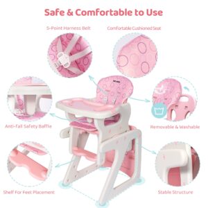 3-in-1 Baby High Chair with Adjustable Seat Back Detachable Seat Cushion and Double Removable Tray for Baby Toddlers 6 Months to 6 Years, Pink