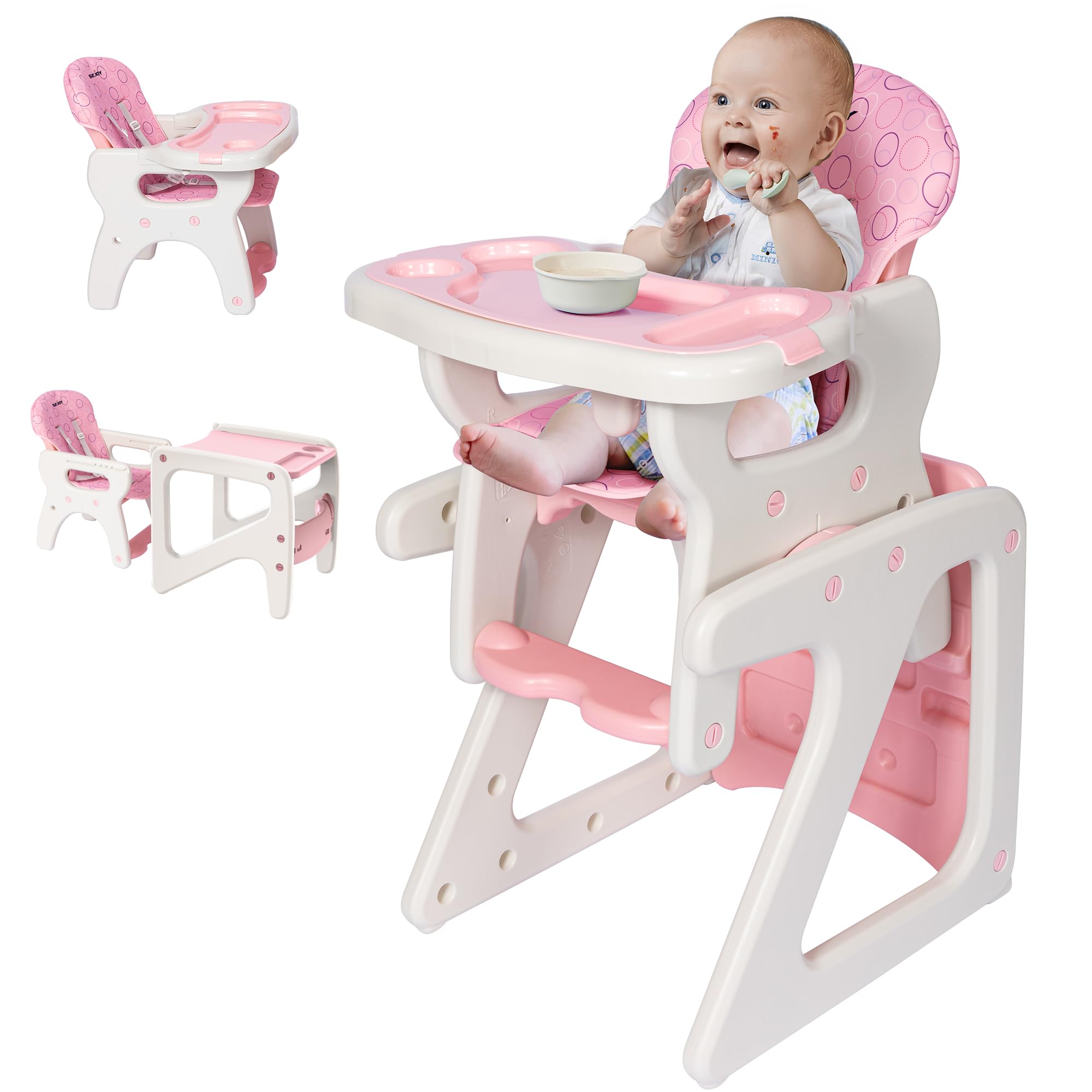 3-in-1 Baby High Chair with Adjustable Seat Back Detachable Seat Cushion and Double Removable Tray for Baby Toddlers 6 Months to 6 Years, Pink