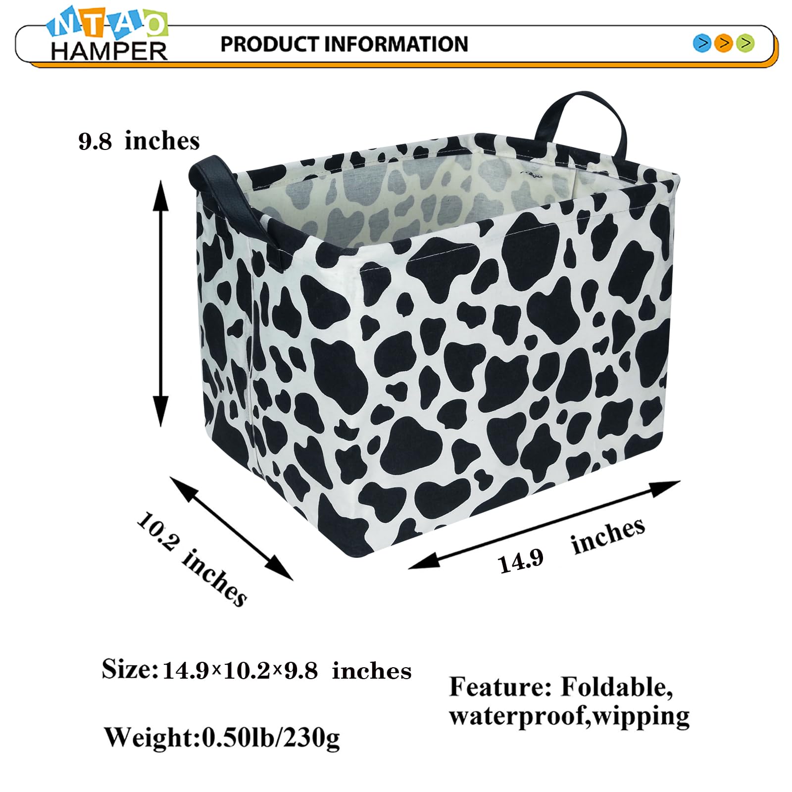 NTAOHAMPER Rectangular Cow Storage Basket,Waterproof Cowprint Box with Handles for Bedroom,Baby Room Decor,Gift Basket for Cow Lovers,Collapsible Kids Toys Bin(Cow)