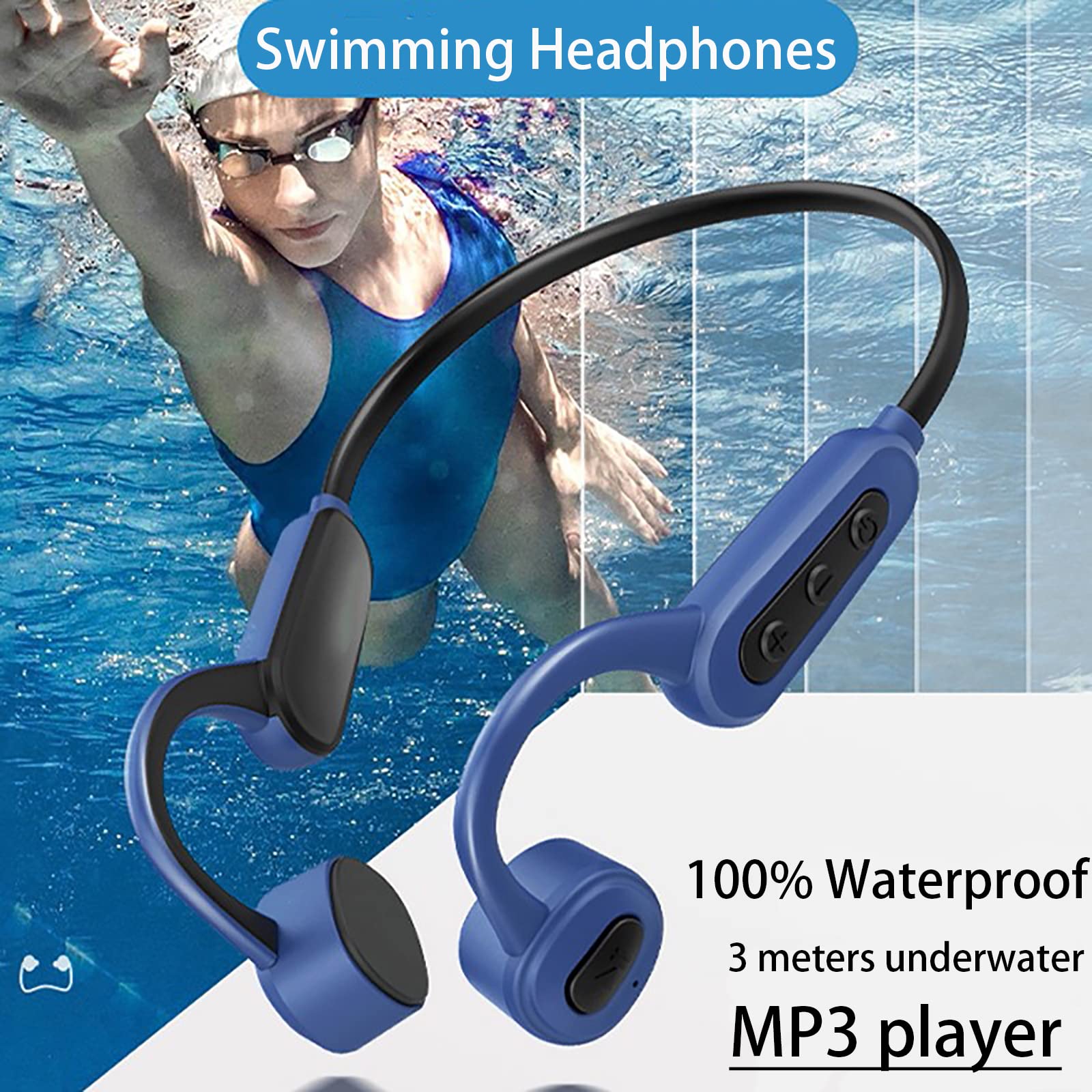 Bone Conduction Headphones Waterproof Headphones for Swimming - Bluetooth MP3 Player Wireless IPX8 Sport Earphones Open Ear 16GB with Mic Noise Cancelling for Running Diving Underwater Gym Spa