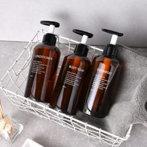 BasedFloor Shampoo and Conditioner Dispenser -3pcs 16.9oz/500ml Amber Plastic Empty Refillable Pump Lotion Bottle Containers Set for Bathroom Shower Body Wash