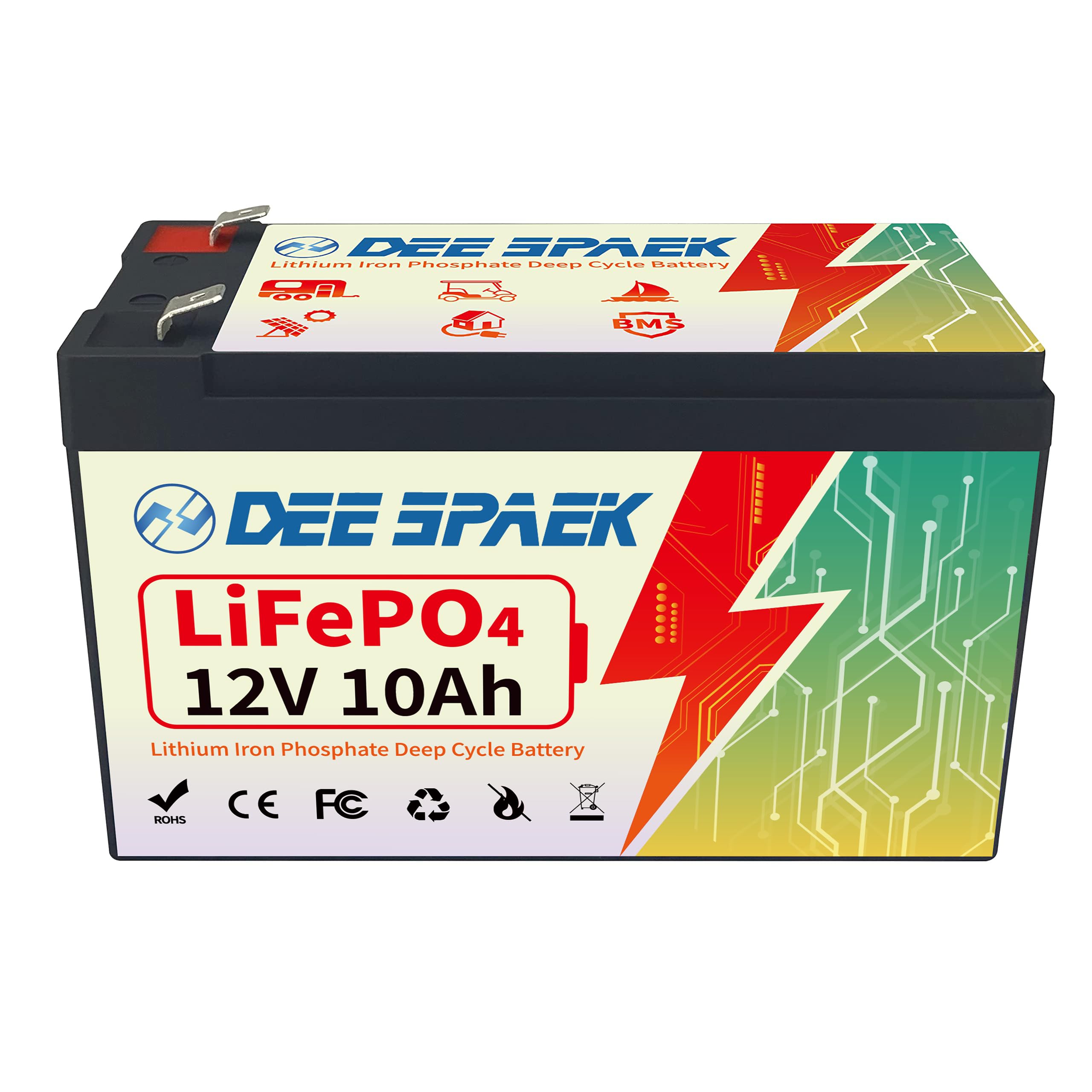 DEESPAEK 12V 10Ah LiFePO4 Battery, Rechargeable Deep Cycle Lithium Batteries with 10A BMS, Perfect for Alarm System, Backup UPS, Radio, and Emergency Lighting