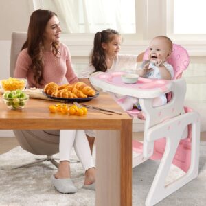 3-in-1 Baby High Chair with Adjustable Seat Back Detachable Seat Cushion and Double Removable Tray for Baby Toddlers 6 Months to 6 Years, Pink