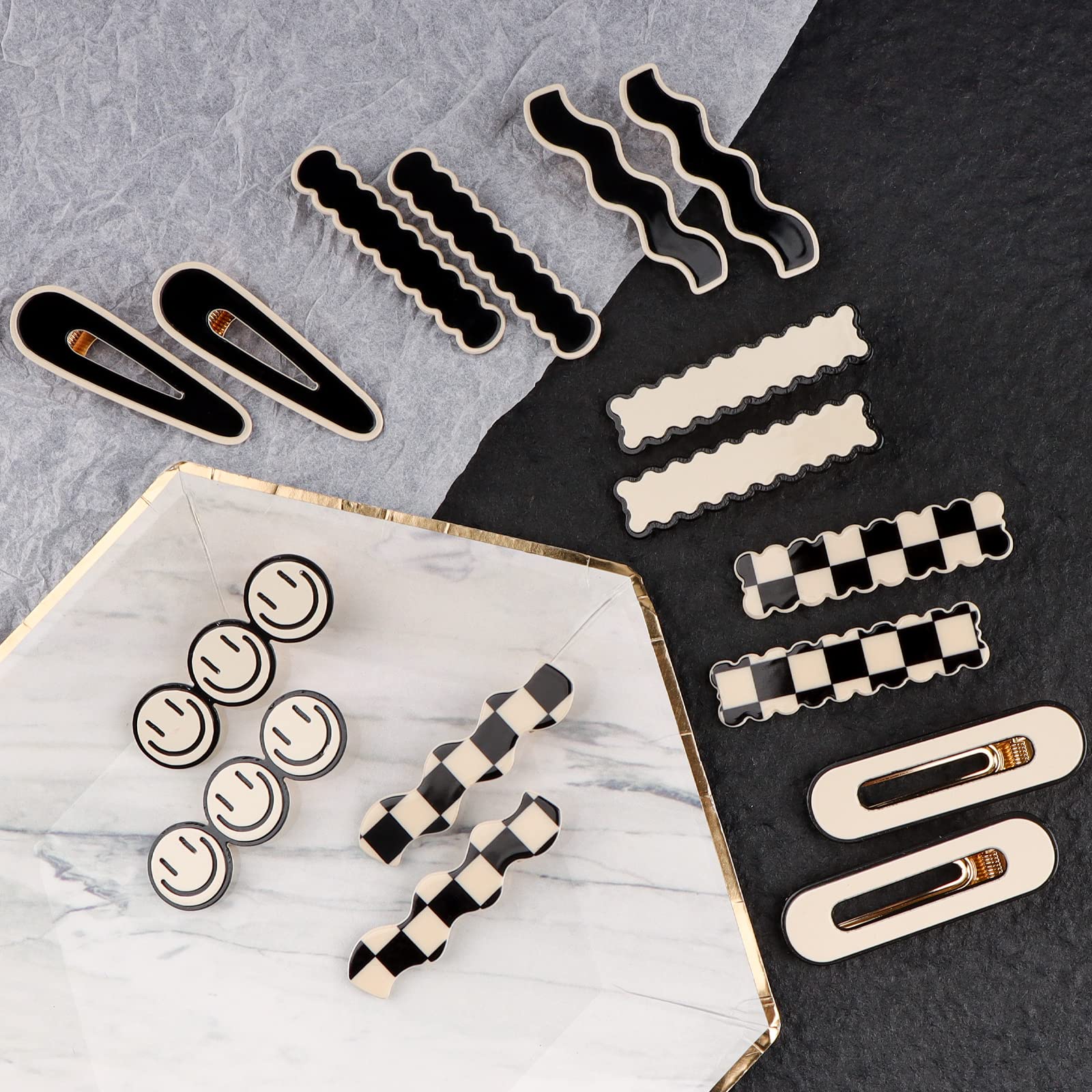 16 PCS Magicsky Simple No Bend Hair Clips, Black White Checker Barrettes, No Crease Wave Geometric Duckbill pins, Korean Styling Minimalist Hairpin Hair Accessories, Gifts for Women Girls