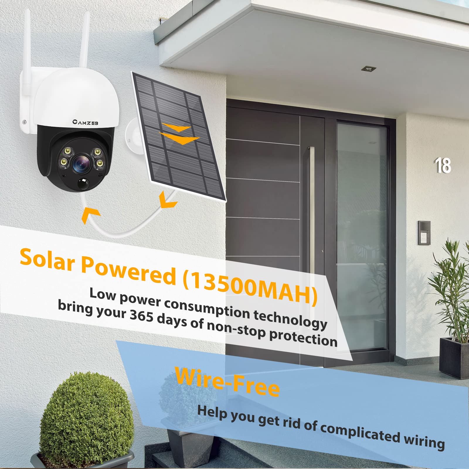 Camzeb Solar Security Camera Wireless Outdoor - 2K Solar Camera for Home Security 350° PTZ 1080P 2.4G WiFi Security Camera - PIR Motion Detection Full Color Night Vision 2-Way Audio Cloud/SD IP66