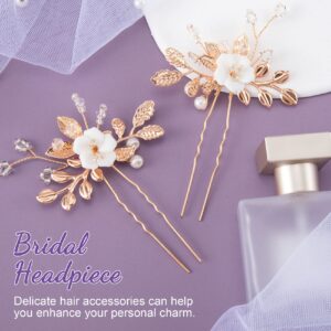 ANCIRS 4 Pack Crystal Flower Bridal Hair Styling Pins for Wedding, Anti-Slip Ceramic Leaves Shape Rhinestone Pearls Head Piece Accessories for Women Bride Wedding Hairstyles- Gold