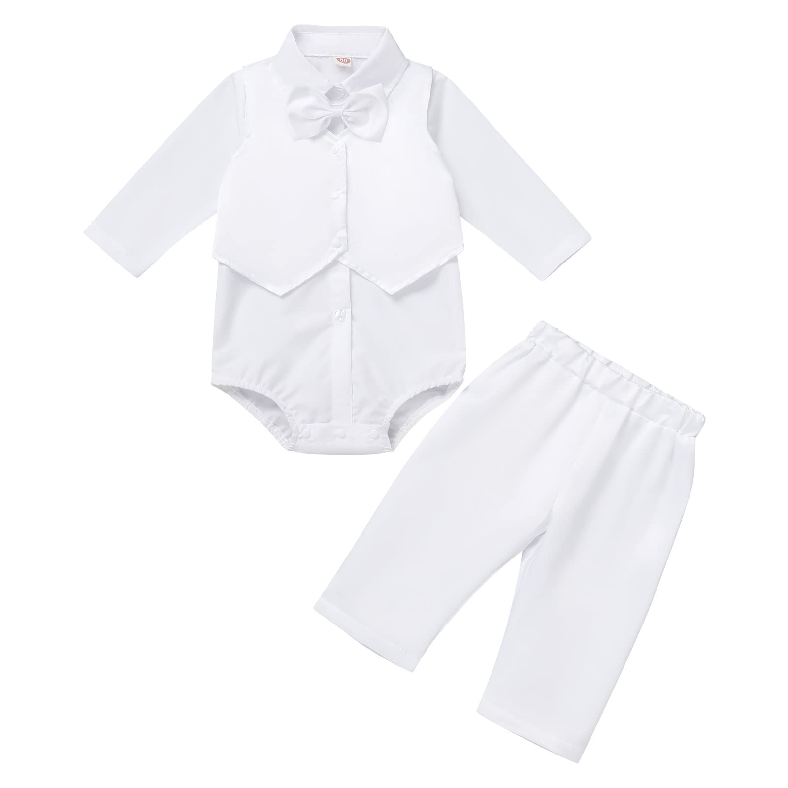 Baptism Outfits for Boys Baby Christening Outfit Gentleman Suit Dedication White Dress Shirt Romper Bowtie Waistcoat Vest Pants Newborn Baptismal Fall Winter Wedding Tuxedo Formal Easter 0-6 Months