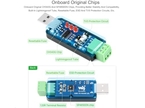 Industrial USB to RS485 Converter Adapter with Original CH343G and SP485EEN, Built-in Lightningproof Tube, Resettable Fuse, ESD and TVS Protection Circuits, up to 1.2km RS485 Transmission Distance