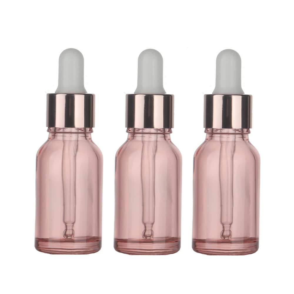 SNOW DIAMOND 0.5 oz Eye Dropper Bottle (3 Pack Rose Glass Bottles 15ml with Golden Caps，Empty Tincture Bottles for Essential Oils, Body Oils, Perfume Pink