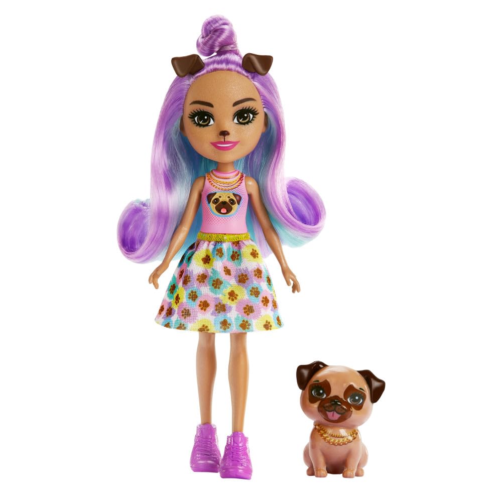 Enchantimals Dolls, City Tails Penna Pug Doll and Trusty Animal Friend, Small Doll with Removable Skirt and Accessories, Gifts for Kids, HKN11