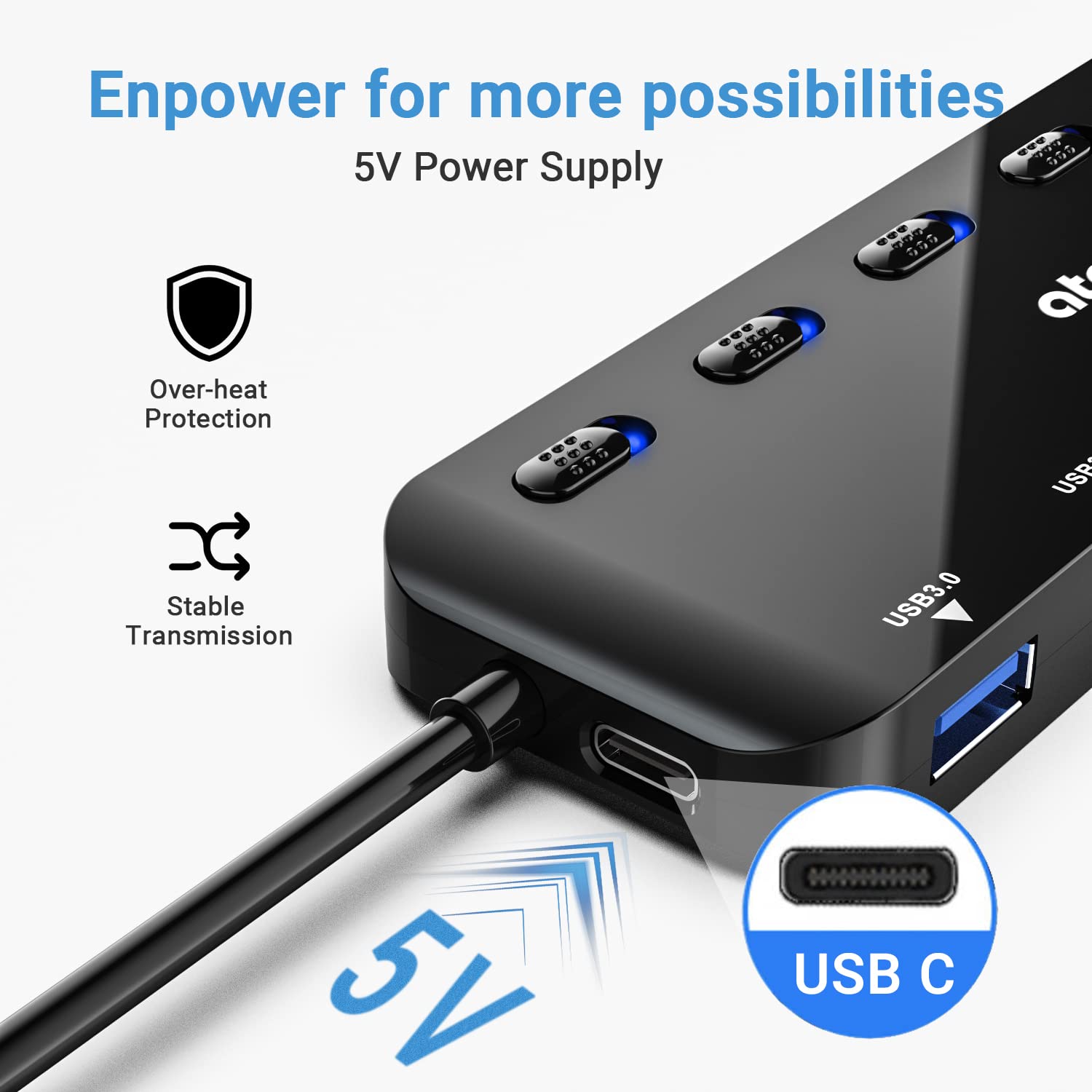 atolla 7-Port USB 3.0 Hub Splitter, USB Extender Ultra Slim Data USB Hub with Individual Power Switch and LEDs