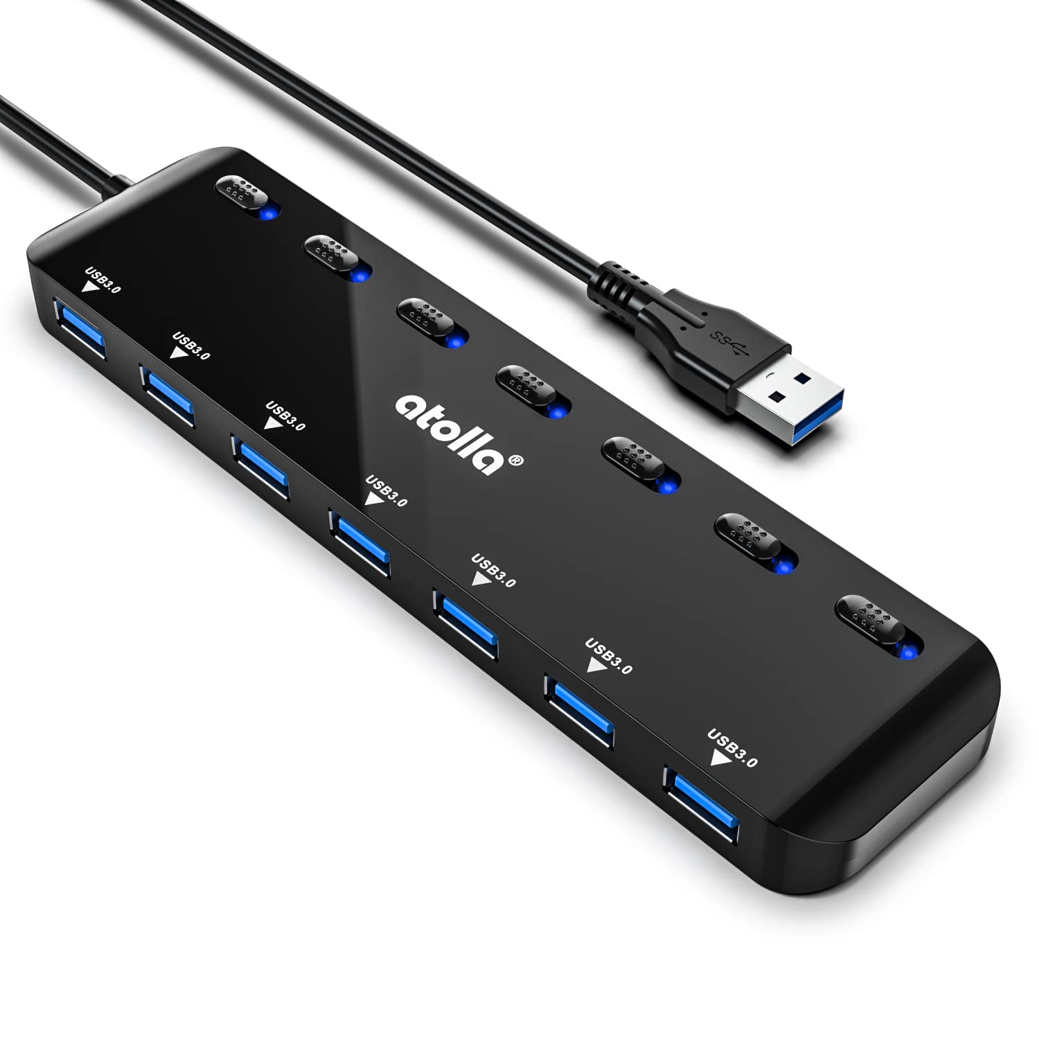 atolla 7-Port USB 3.0 Hub Splitter, USB Extender Ultra Slim Data USB Hub with Individual Power Switch and LEDs