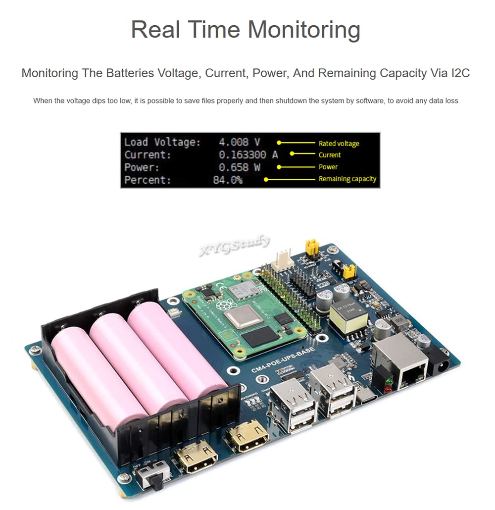 Mini-Computer PoE UPS Uninterruptible Power Supply Base Board Designed for Raspberry Pi Compute Module 4 with Gigabit Ethernet Dual HDMI Quad USB2.0 @XYGStudy (CM4-POE-UPS-BOX)