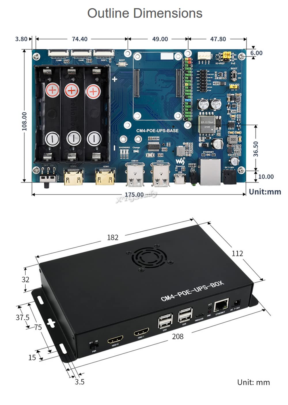 Mini-Computer PoE UPS Uninterruptible Power Supply Base Board Designed for Raspberry Pi Compute Module 4 with Gigabit Ethernet Dual HDMI Quad USB2.0 @XYGStudy (CM4-POE-UPS-BOX)