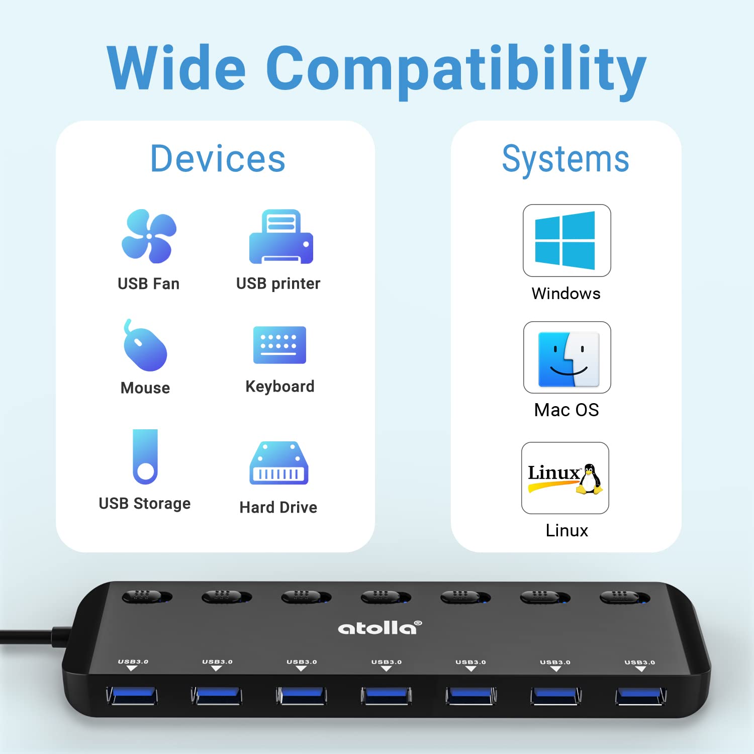 atolla 7-Port USB 3.0 Hub Splitter, USB Extender Ultra Slim Data USB Hub with Individual Power Switch and LEDs