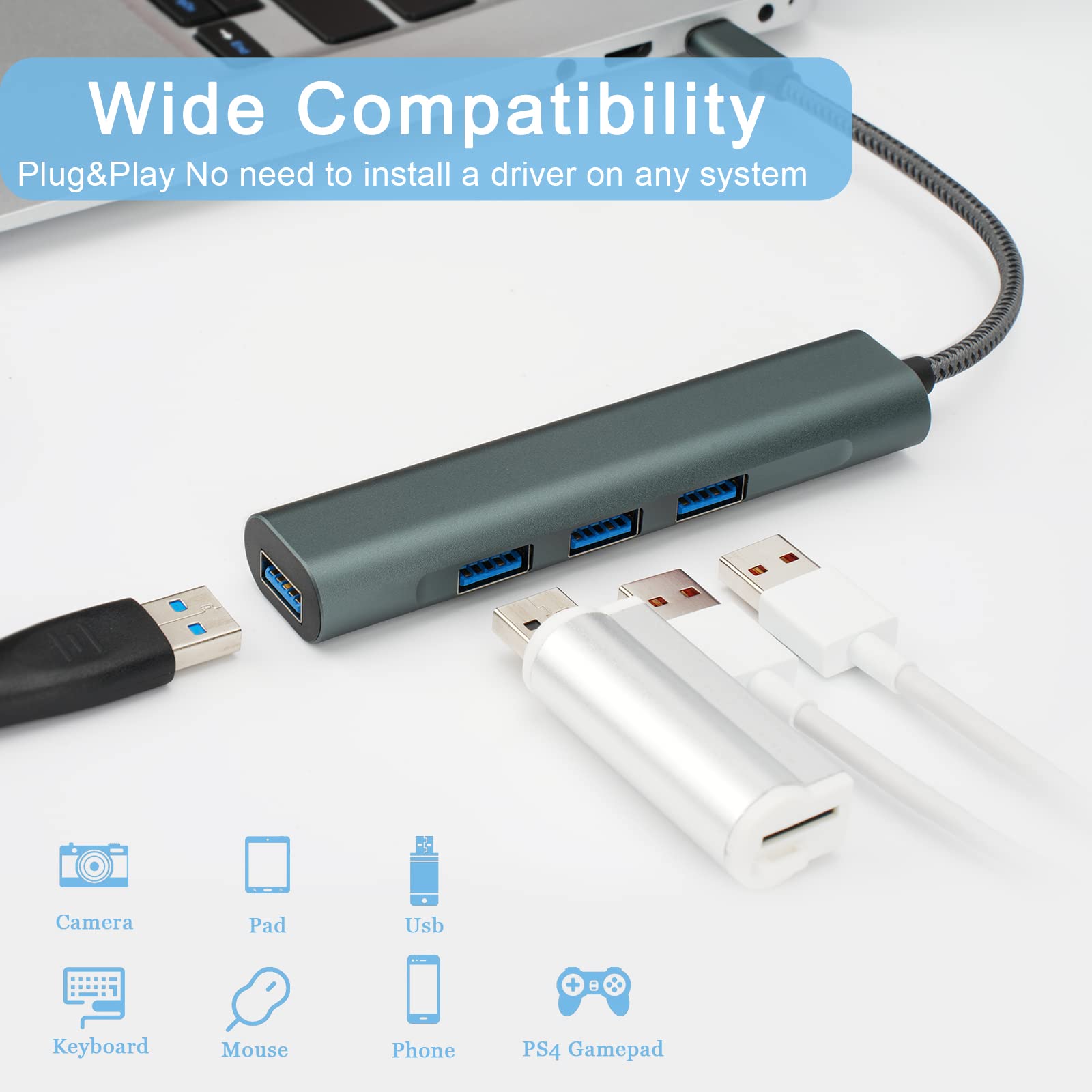 Henrety USB C Hub, 4-in-1 Ultra Slim Portable Data Hub USB Splitter USB 3.0 Expander for Laptop, PC, MacBook, Mac Pro, Mac Mini, iMac, Surface Pro, and More USB Devices