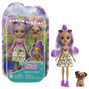 Enchantimals Dolls, City Tails Penna Pug Doll and Trusty Animal Friend, Small Doll with Removable Skirt and Accessories, Gifts for Kids, HKN11