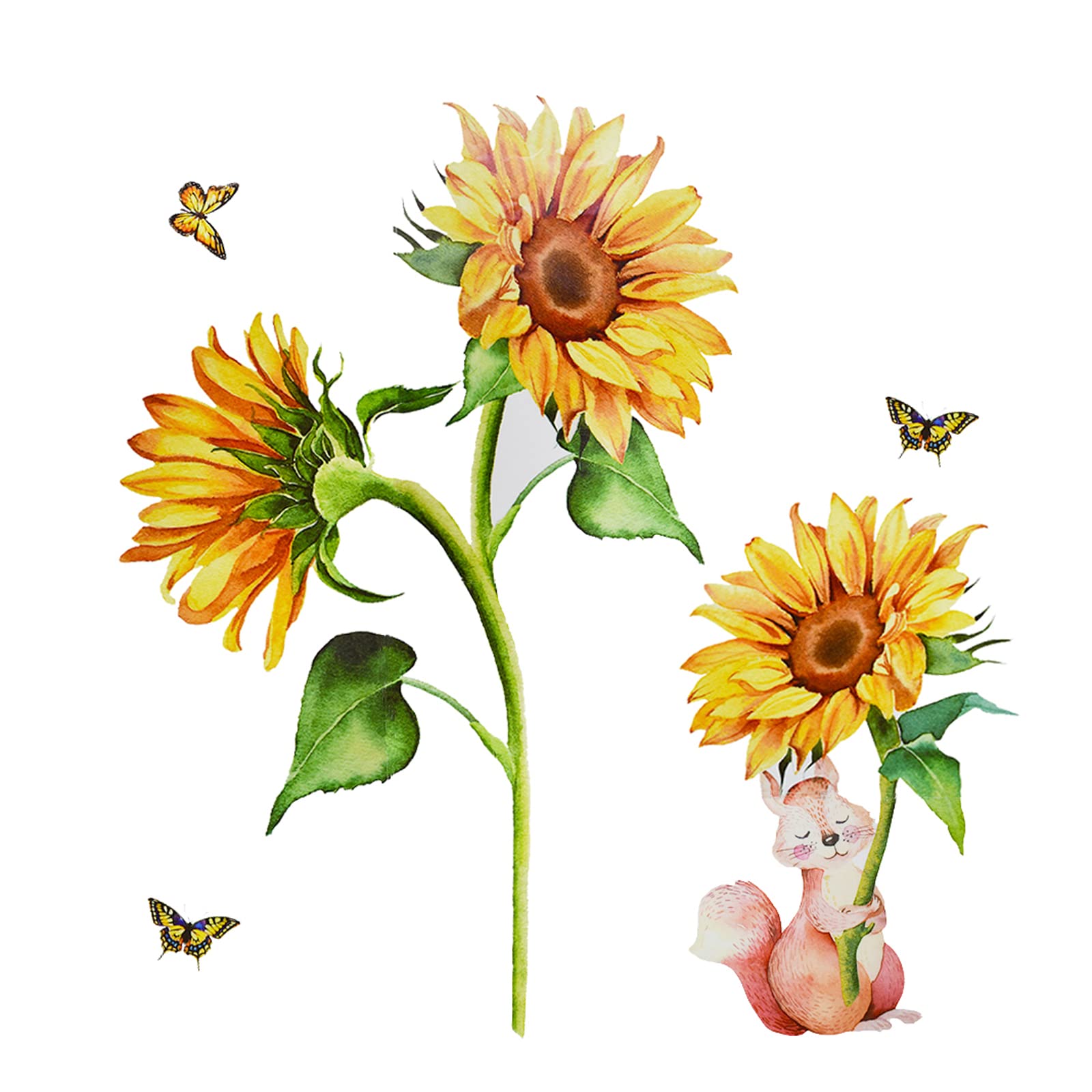 Pinenjoy Sunflower and Squirrel Wall Decal Yellow Flower Butterfly Wall Stickers 28x31inch Removable Self-Adhesive Vinyl Floral Wall Clings for Living Room Nursery Bedroom TV Sofa Decorations