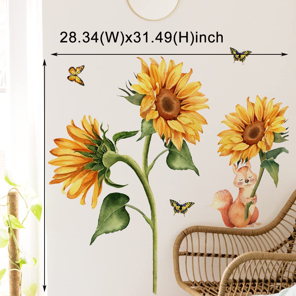 Pinenjoy Sunflower and Squirrel Wall Decal Yellow Flower Butterfly Wall Stickers 28x31inch Removable Self-Adhesive Vinyl Floral Wall Clings for Living Room Nursery Bedroom TV Sofa Decorations