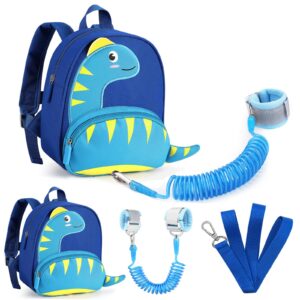 accmor toddler harness backpack with leash, cute dinosaur kid back pack with anti lost wrist link, child harnesses leashes for walking, mini toddler daycare bag with rope tether for baby boys (blue)