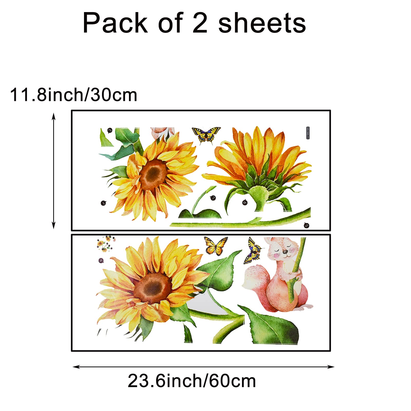 Pinenjoy Sunflower and Squirrel Wall Decal Yellow Flower Butterfly Wall Stickers 28x31inch Removable Self-Adhesive Vinyl Floral Wall Clings for Living Room Nursery Bedroom TV Sofa Decorations