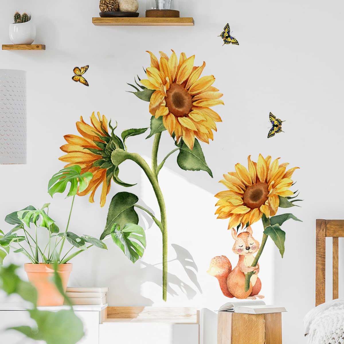 Pinenjoy Sunflower and Squirrel Wall Decal Yellow Flower Butterfly Wall Stickers 28x31inch Removable Self-Adhesive Vinyl Floral Wall Clings for Living Room Nursery Bedroom TV Sofa Decorations