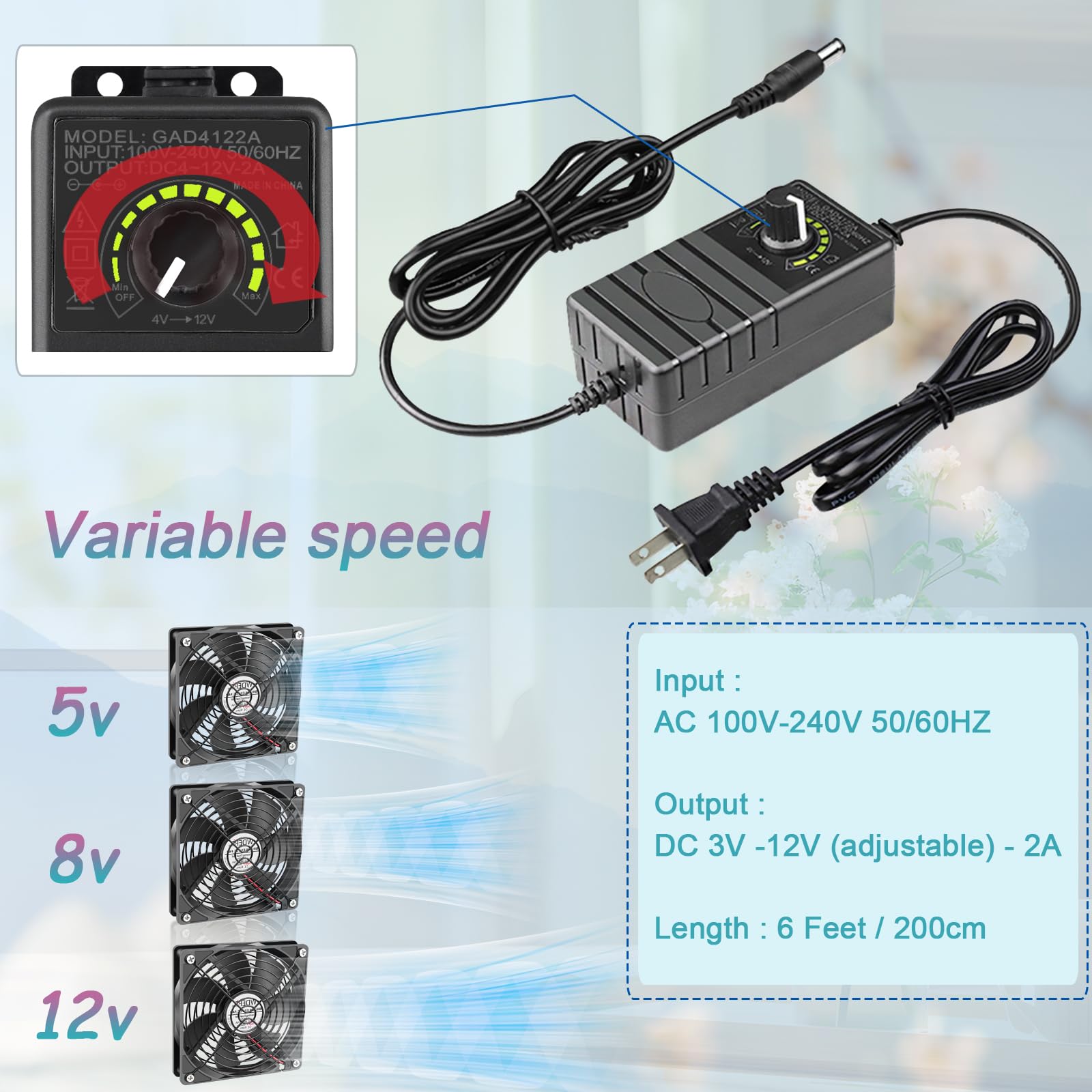 WDERAIR AC 120mm Powerful Computer Fan with AC Plug, 110V - 240V AC to DC 12V Variable Speed Controller for Electronic Components，PS5，Router，Xbox，Growtent，Modem，Amplifier，Receiver，Biltong Cooling