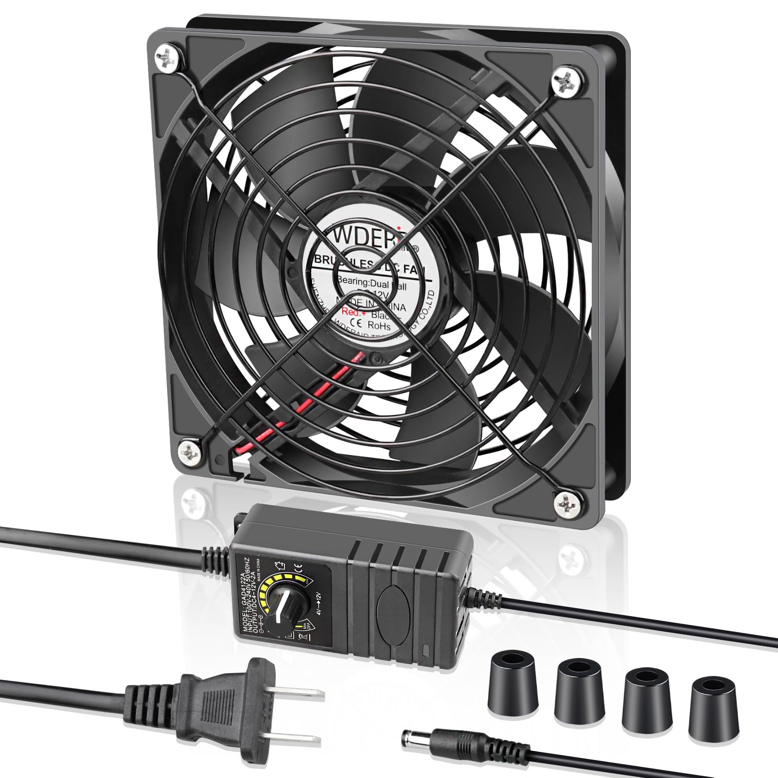 WDERAIR AC 120mm Powerful Computer Fan with AC Plug, 110V - 240V AC to DC 12V Variable Speed Controller for Electronic Components，PS5，Router，Xbox，Growtent，Modem，Amplifier，Receiver，Biltong Cooling