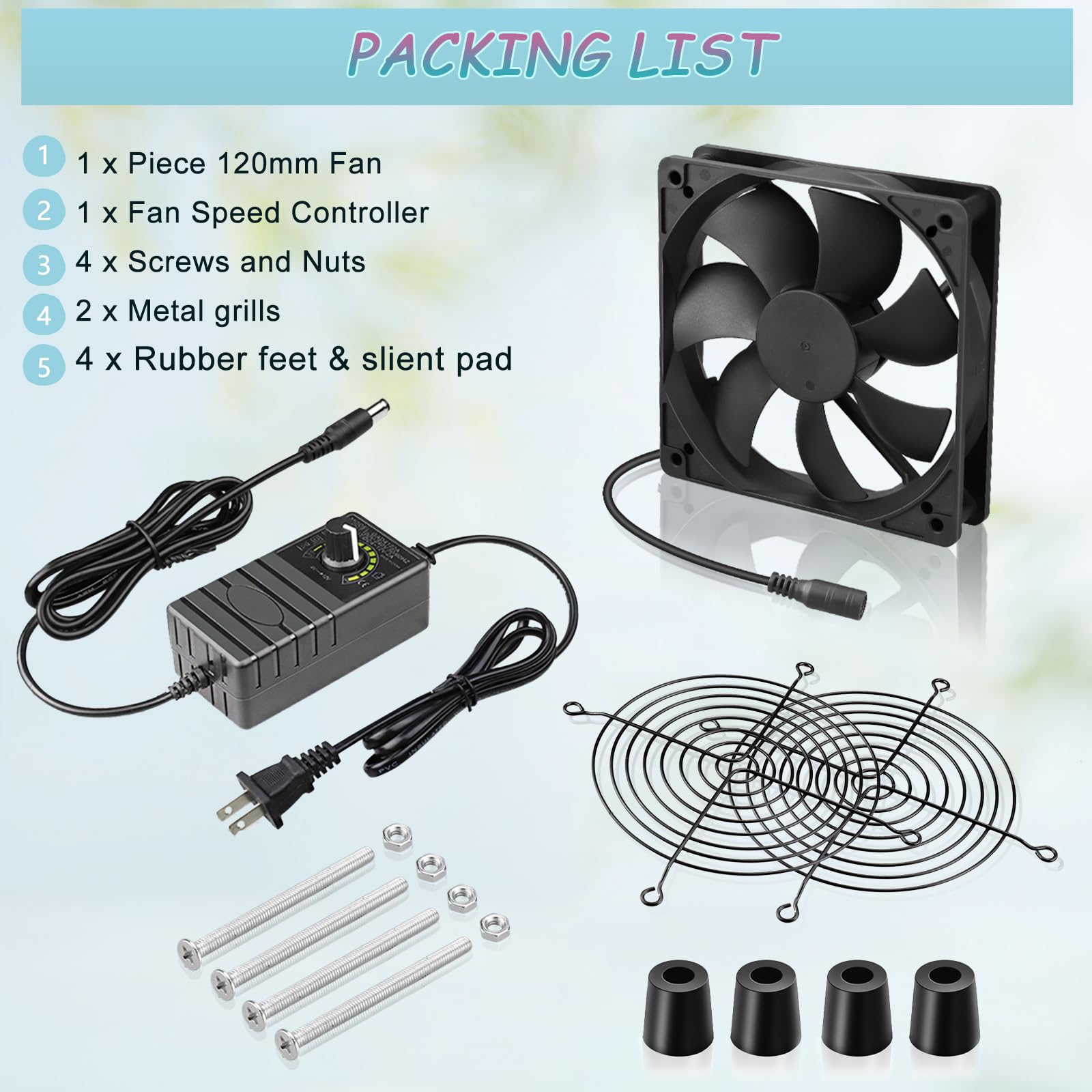 WDERAIR AC 120mm Powerful Computer Fan with AC Plug, 110V - 240V AC to DC 12V Variable Speed Controller for Electronic Components，PS5，Router，Xbox，Growtent，Modem，Amplifier，Receiver，Biltong Cooling