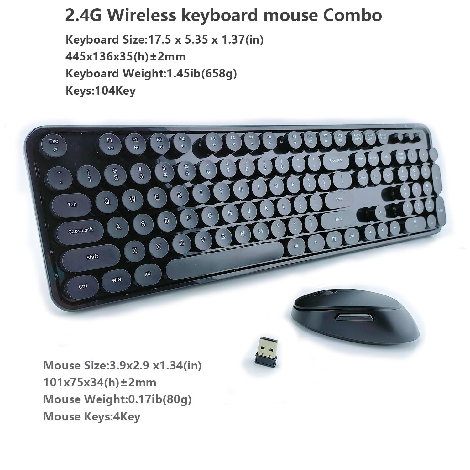 STIVIC Wireless Keyboard and Mouse Combo, Retro typewriter Style Keyboard with Round Keycaps, 2.4GHz Dropout-Free Connection Mouse with 3 Adjustable DPI for Windows Notebook PC (Black1)