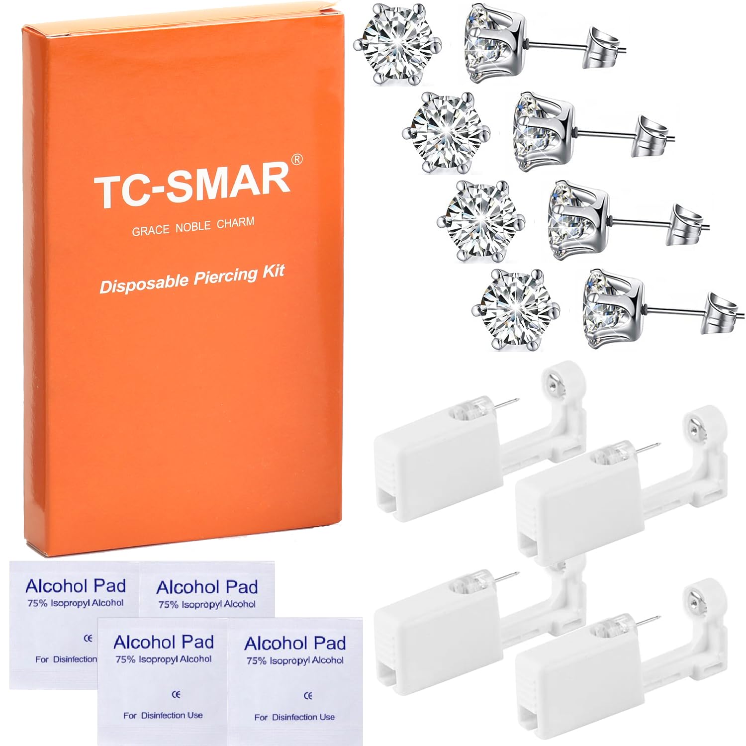 TC-SMAR 4 Pack Disposable Ear Piercing Gun Kit With Built-in transparent Cubic Zirconia Ear Studs