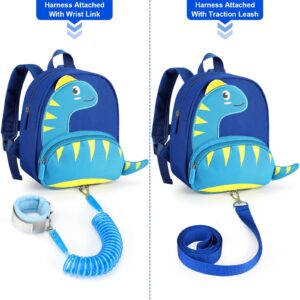 Accmor Toddler Harness Backpack with Leash, Cute Dinosaur Kid Back Pack with Anti Lost Wrist Link, Child Harnesses Leashes for Walking, Mini Toddler Daycare Bag with Rope Tether for Baby Boys (Blue)