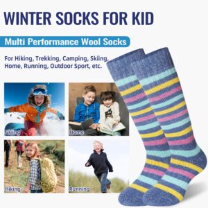 Kids Ski Socks Merino Wool Winter Warm Thermal Hiking Snowboarding Knee High Heavy Boot Socks for Toddler Boys Girls 2 Pairs(Stripe-01, 4-7 Years)